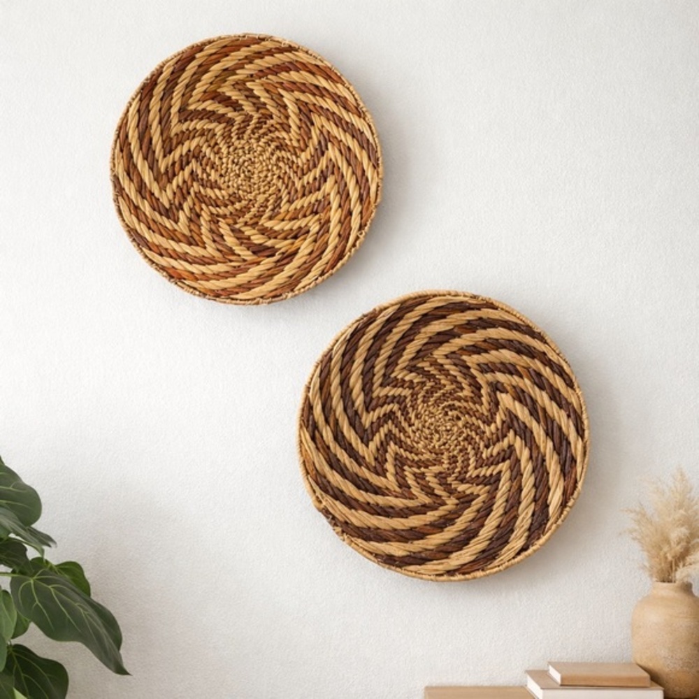 Vintage Woven Wall Basket Set Natural Fiber Boho Tribal Basket Wall Decor Pair